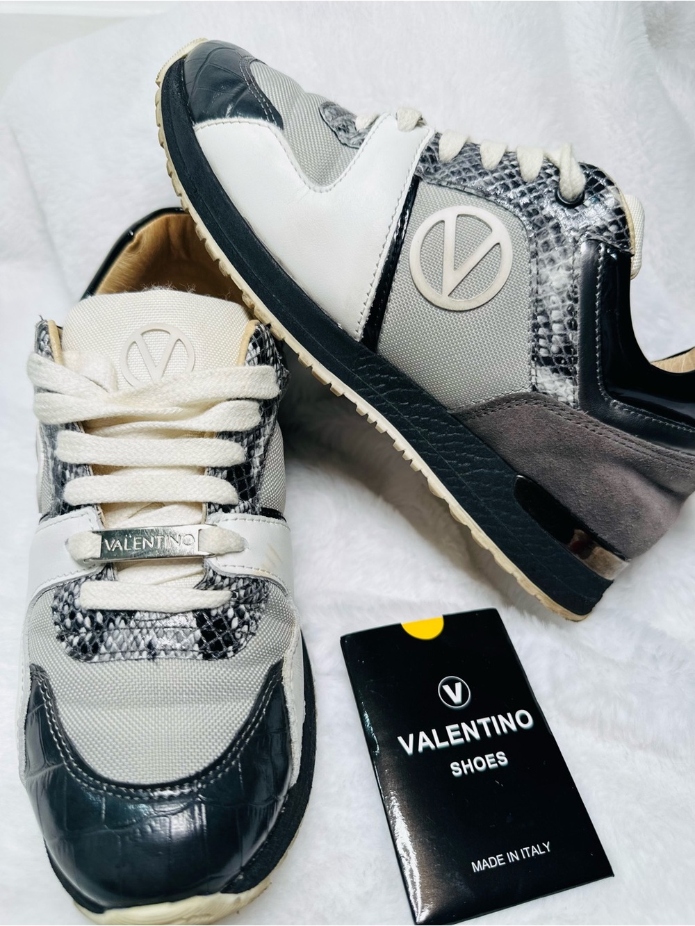 Valentino Mixed-Material Sneakers in White, Black & Gray Size 6.5